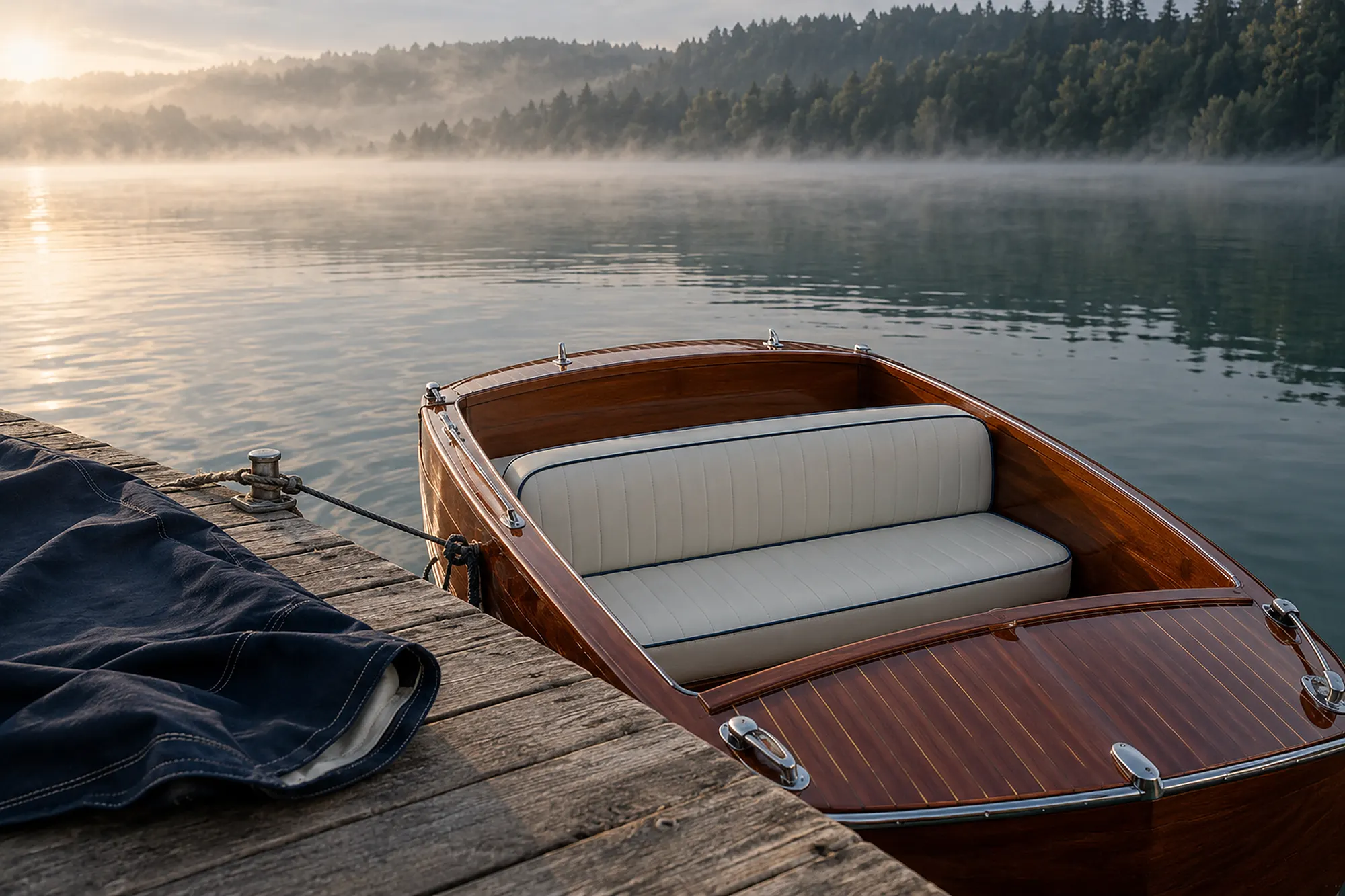 Ein Holz-Motorboot am Steg im Morgendunst, Sitzbänke und Lehnen neu in cremeweißem Bootskunstleder mit dunkelblauem Keder bezogen